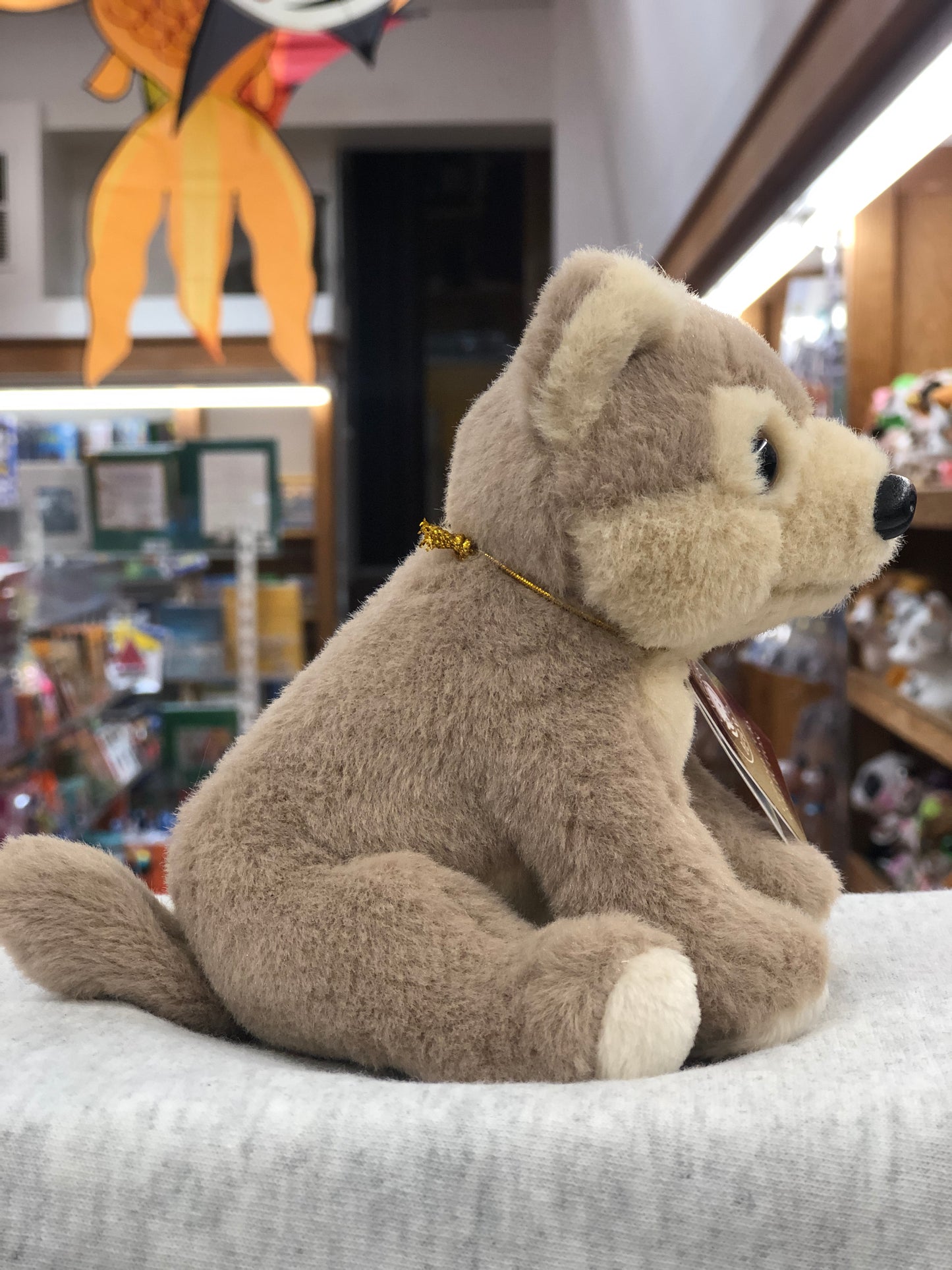 Soft, cuddly Charlie Bears wolf plush toy sitting in store display, perfect for babies with its small size and gentle features