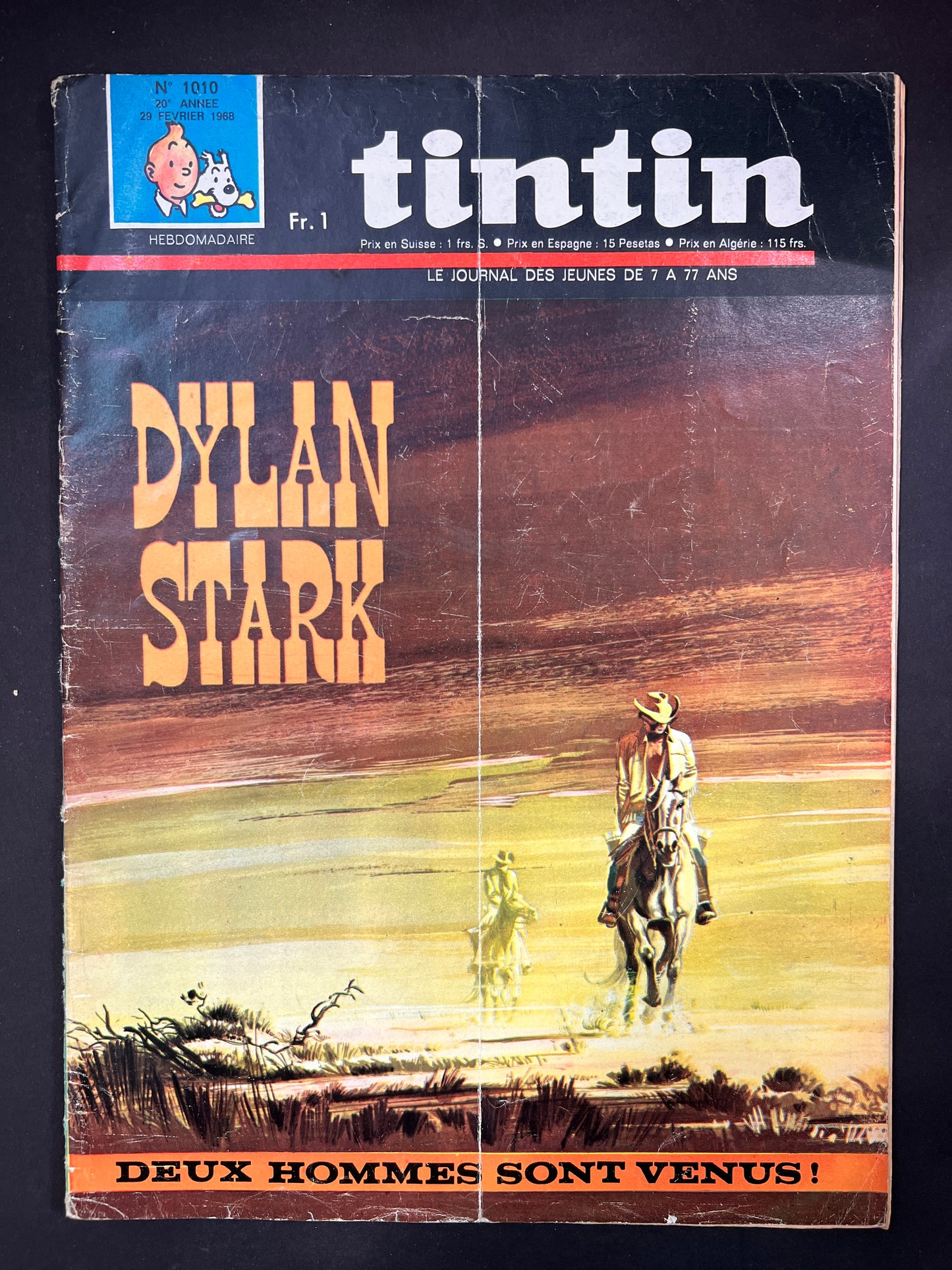 Tintin magazine cover featuring Dylan Stark, Wild West scene with horseback riders emerging from haze, 1968 issue