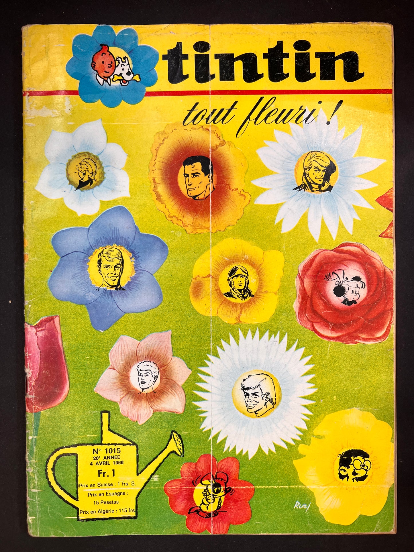 Tintin magazine cover 1968: Colorful spring flowers with comic character portraits, "tout fleuri!" theme, vintage comic collectible