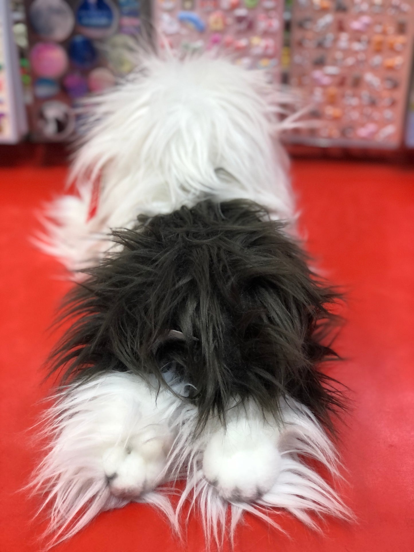 Gund Scruffy plush toy with black and white fluffy fur on red background, showcasing its shaggy 12-inch stuffed animal design