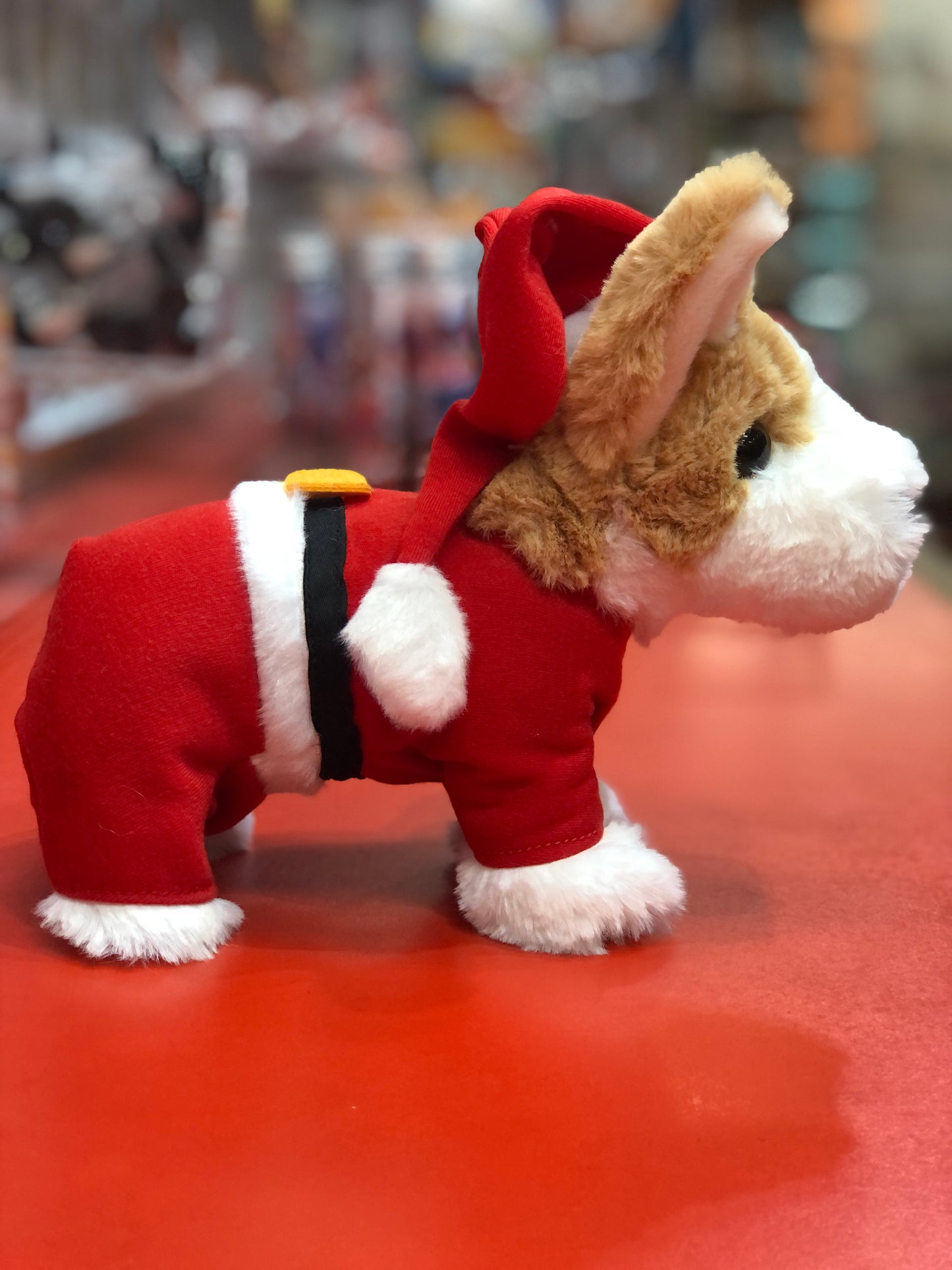Adorable plush corgi puppy wearing festive Santa suit with red hat, black belt, and white trim on red surface