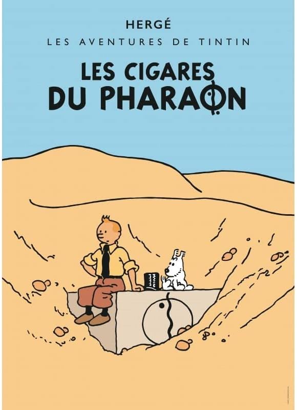 Tintin book cover postcard: "Les Cigares du Pharaon" by Hergé, showing cartoon character in desert landscape