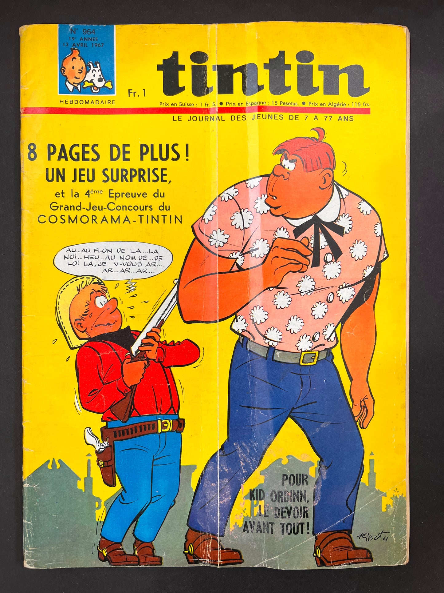 Vintage Tintin magazine cover from 1967 featuring comic characters Kid Ordinn and large man, promoting surprise game and contest