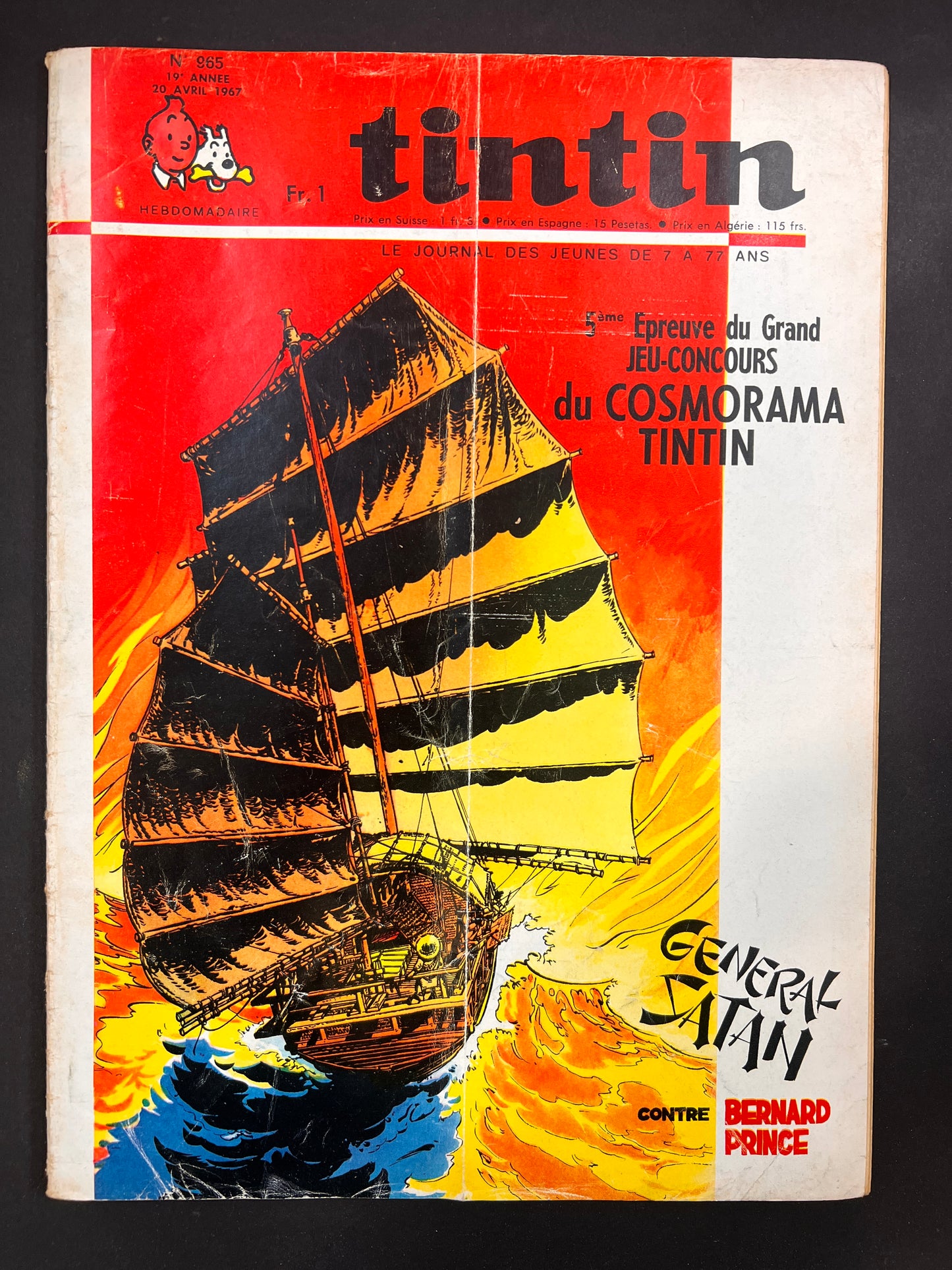 Tintin magazine cover featuring Chinese junk ship from Bernard Prince comic, dramatic red and yellow background, 1967 issue