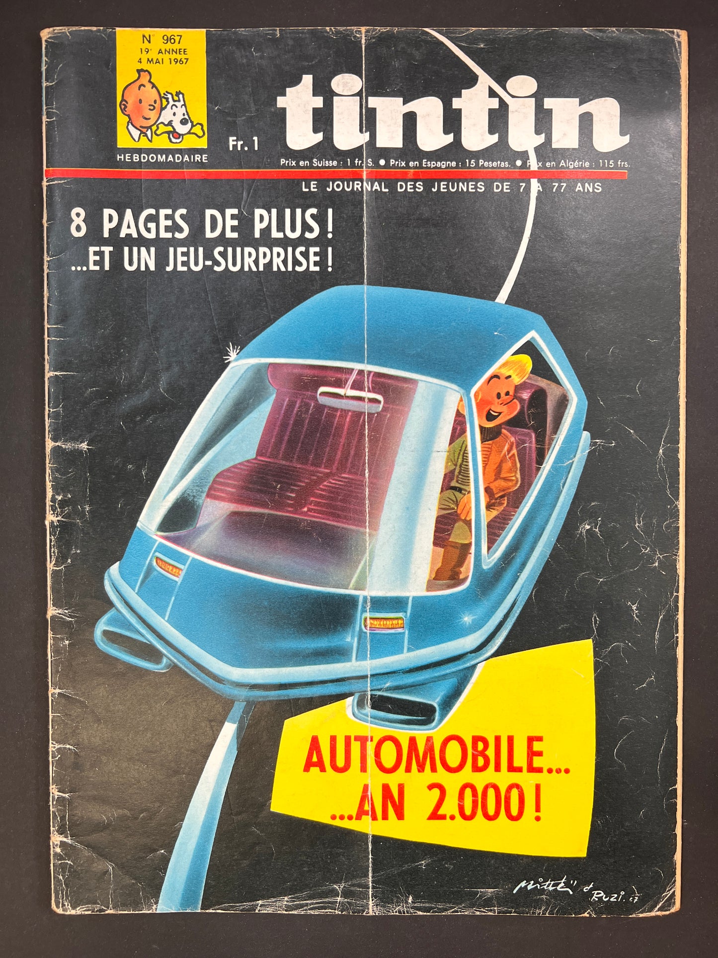 Vintage Tintin magazine cover featuring futuristic monorail car concept for year 2000, illustrating retro sci-fi predictions of automobile design