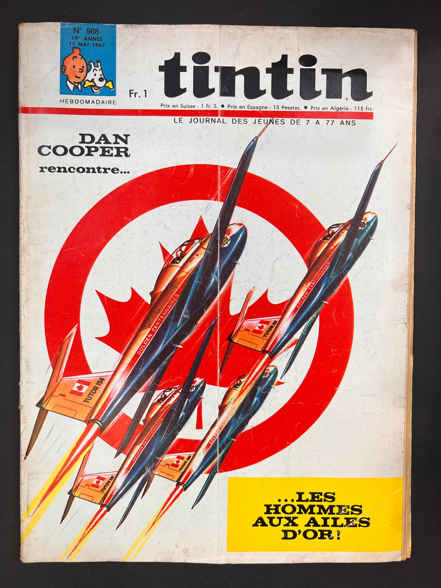 Tintin magazine cover 1967, Dan Cooper comic featuring 4 Avro Tutors in formation against large red maple leaf, vintage French comic art