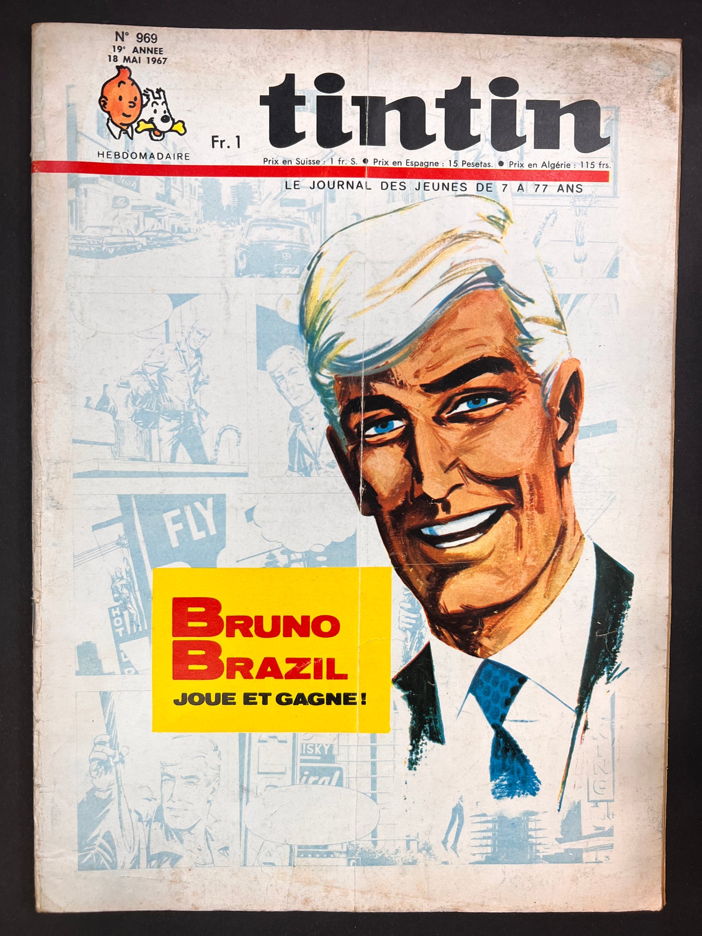 Tintin magazine cover featuring Bruno Brazil, smiling secret agent, against backdrop of spy adventures, May 1967 issue