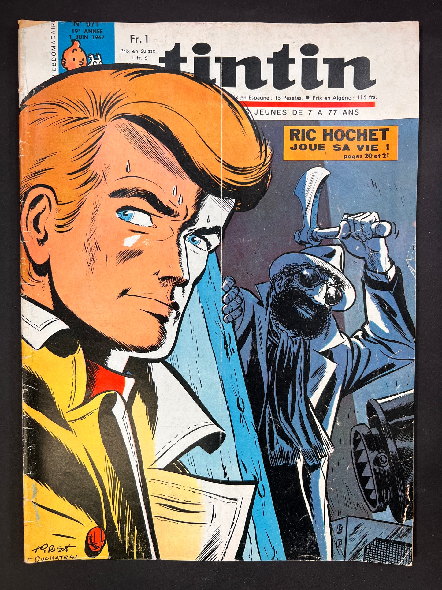 Tintin magazine cover June 1967 featuring Ric Hochet comic, dramatic closeup of detective and shadowy figure, vintage French comic art