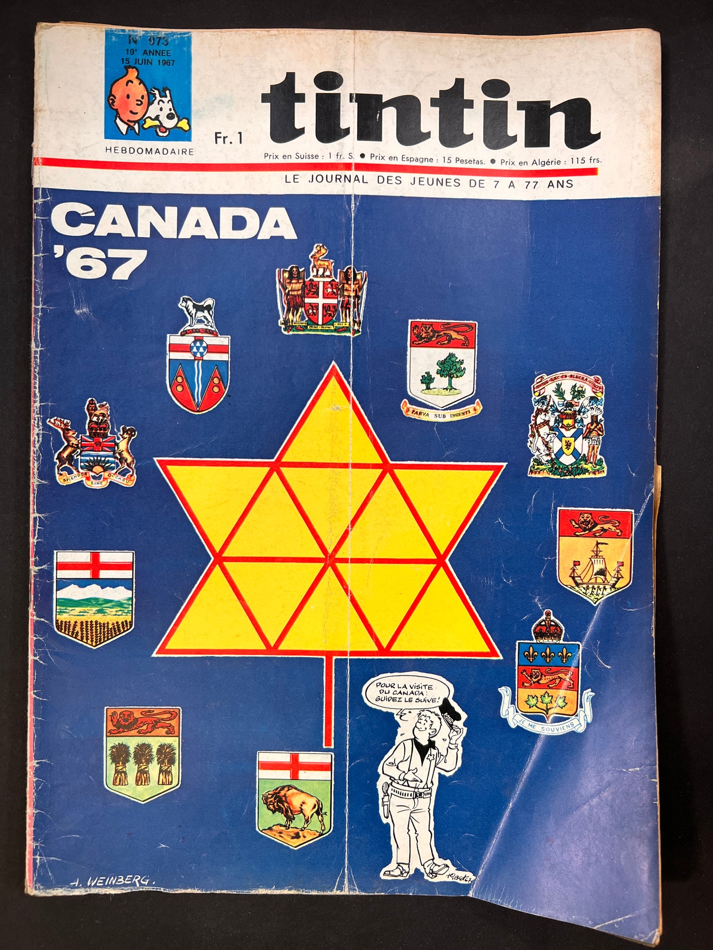 Tintin magazine cover featuring stylized maple leaf and Canadian provincial coats of arms for Expo '67, celebrating Canada's centennial
