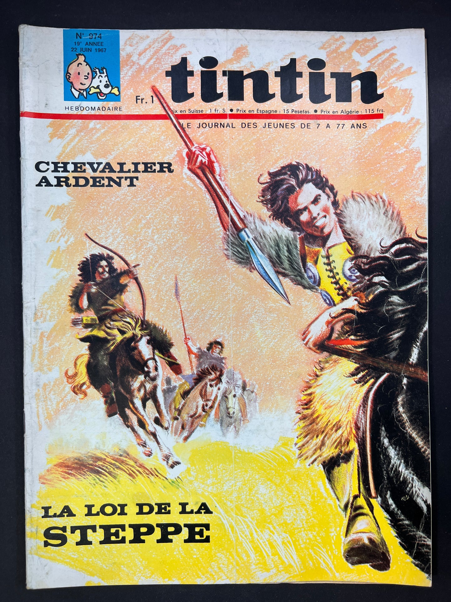 Tintin magazine cover featuring Chevalier Ardent comic, June 1967. Dynamic action scene with horseback riders and medieval warriors.