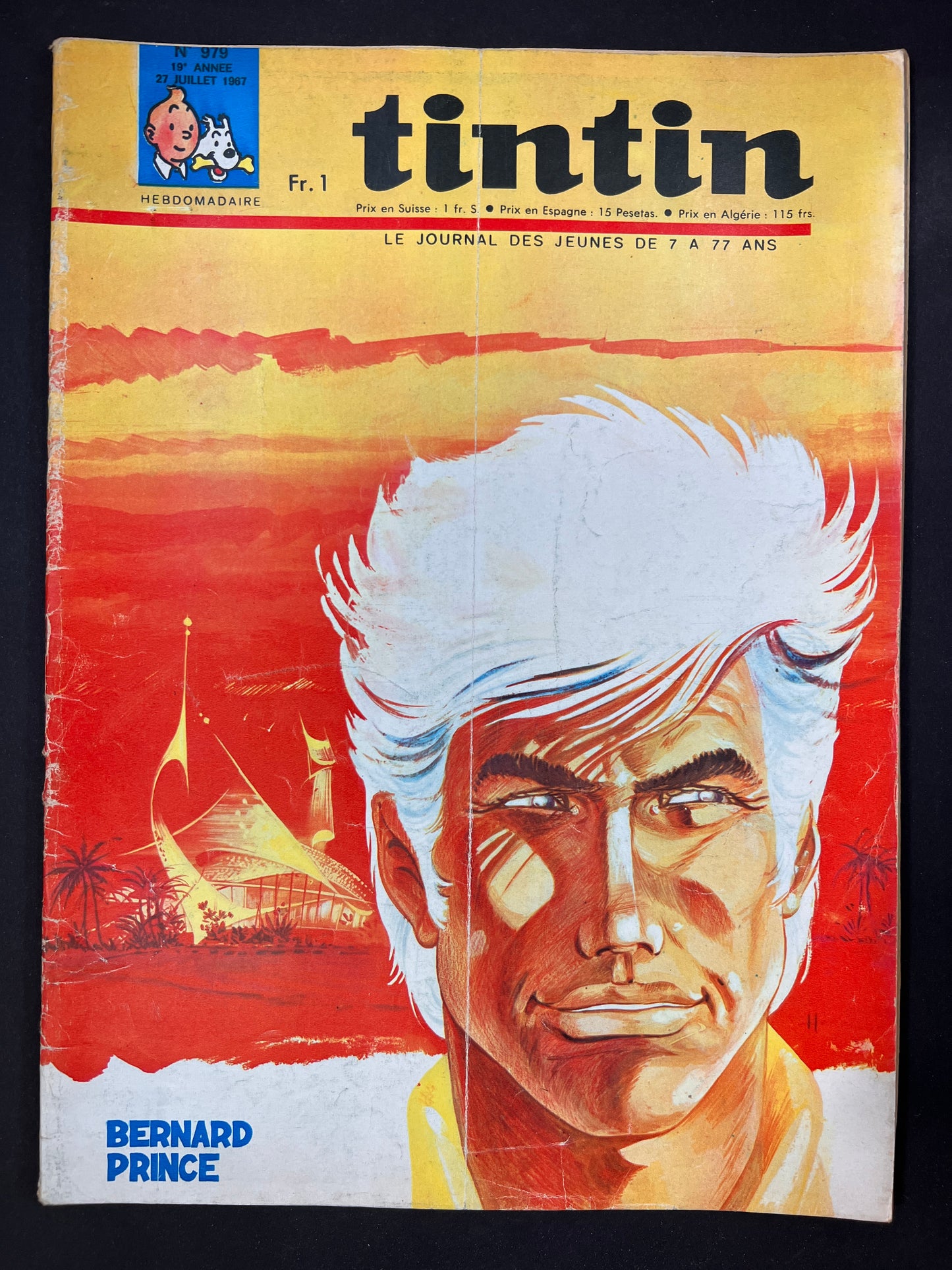 Vintage Tintin magazine cover featuring Bernard Prince, July 1967. Stylized portrait with tropical background, iconic Tintin logo.