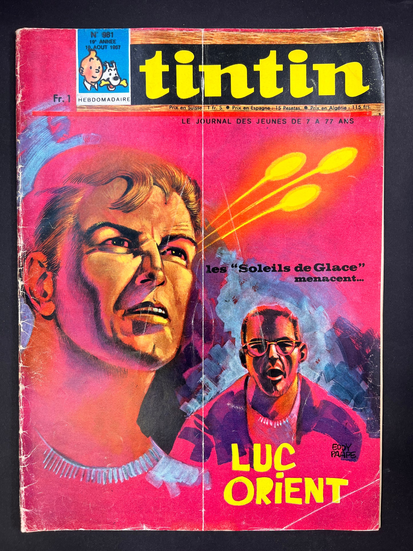 Tintin magazine cover 1967, featuring sci-fi comic Luc Orient with dramatic portraits and "Suns of Ice" storyline, vintage collectible