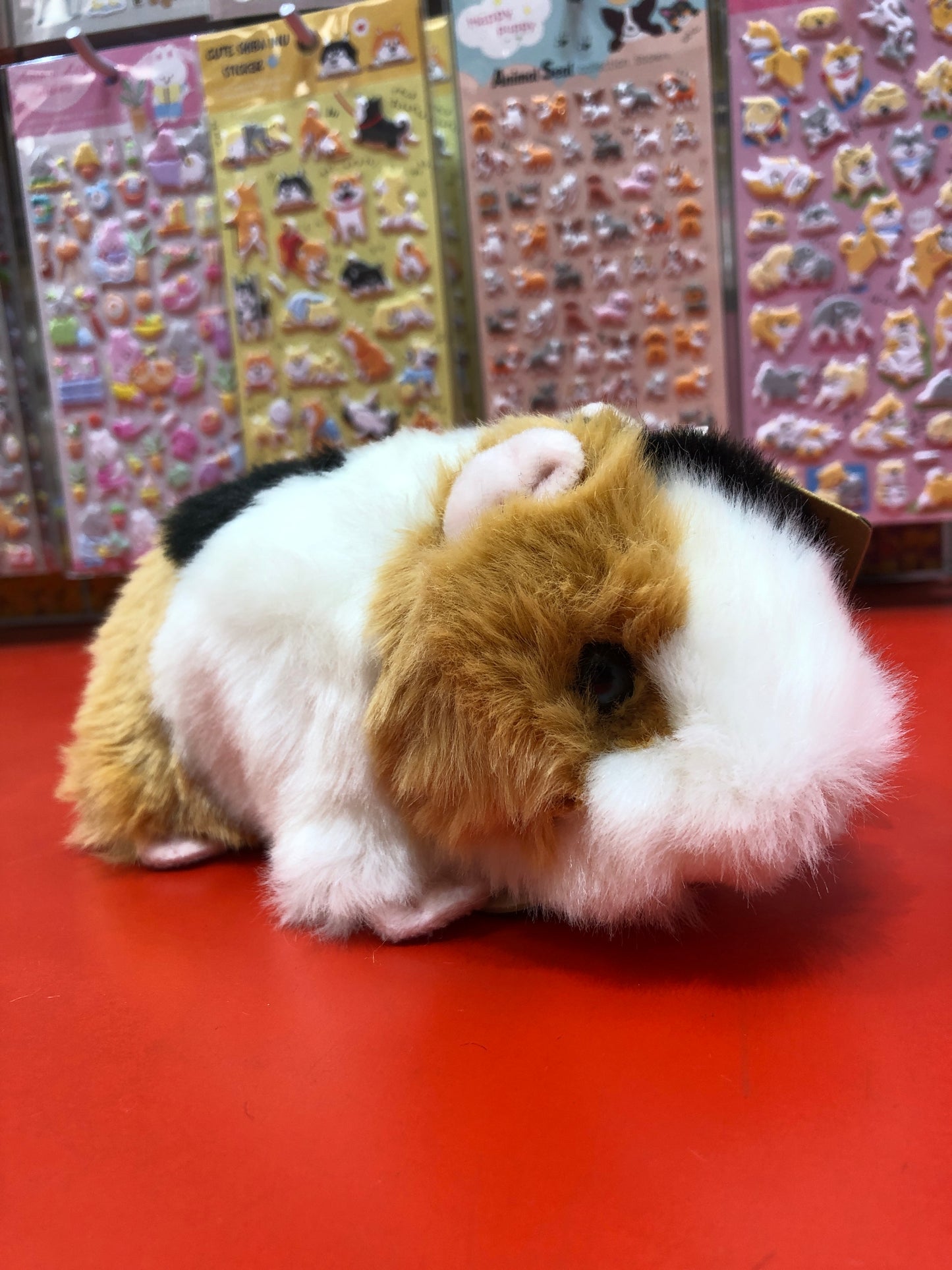 Realistic tri-colored American Guinea Pig plush toy on red surface, with colorful sticker sheets in background