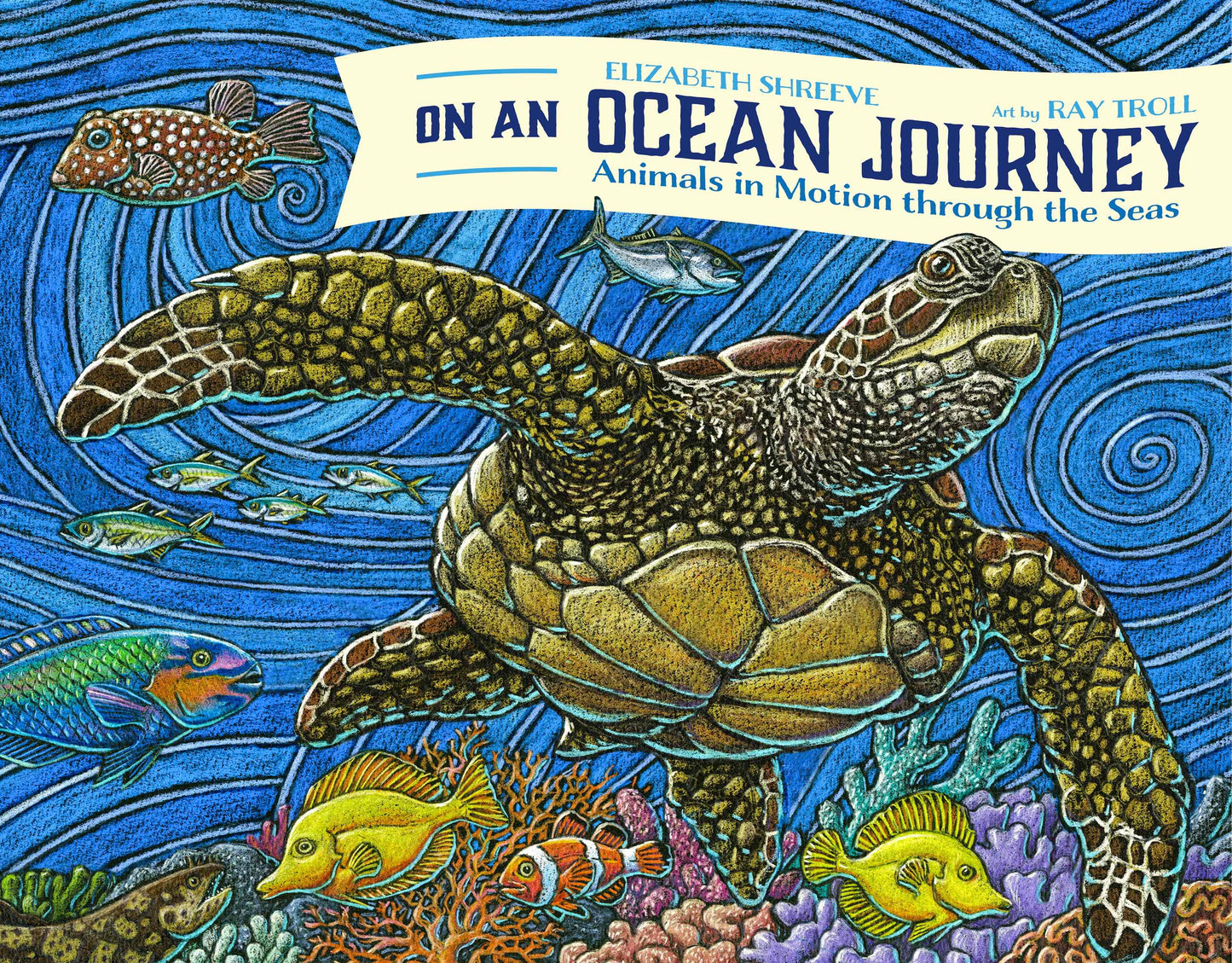 Vibrant illustration of sea turtle swimming among colorful fish and coral, book cover for "On an Ocean Journey" by Elizabeth Shreeve