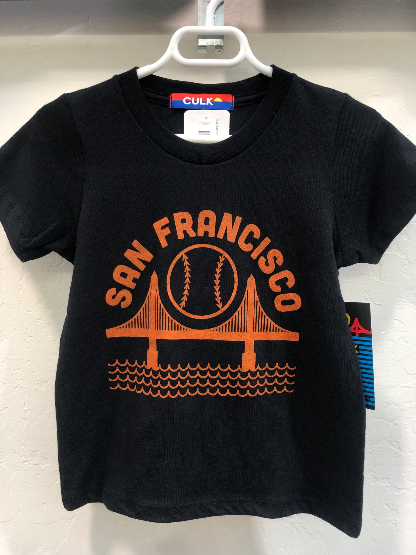 Culk San Francisco toddler t-shirt with orange Golden Gate Bridge and baseball design on black cotton fabric