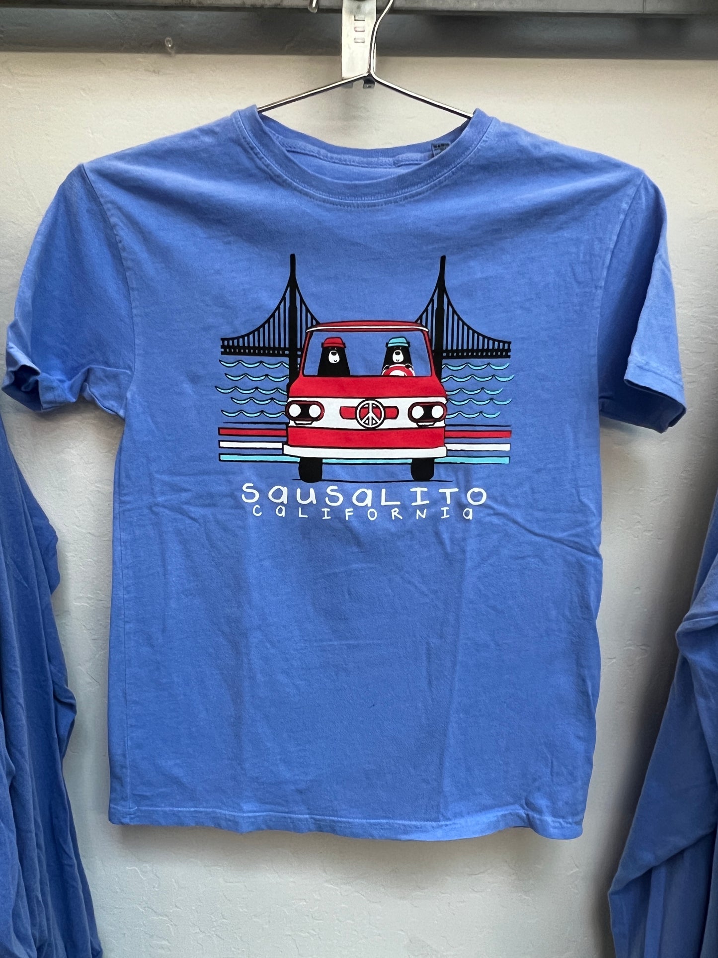 Blue kids' t-shirt with cartoon bears driving red van near Golden Gate Bridge, Sausalito California text