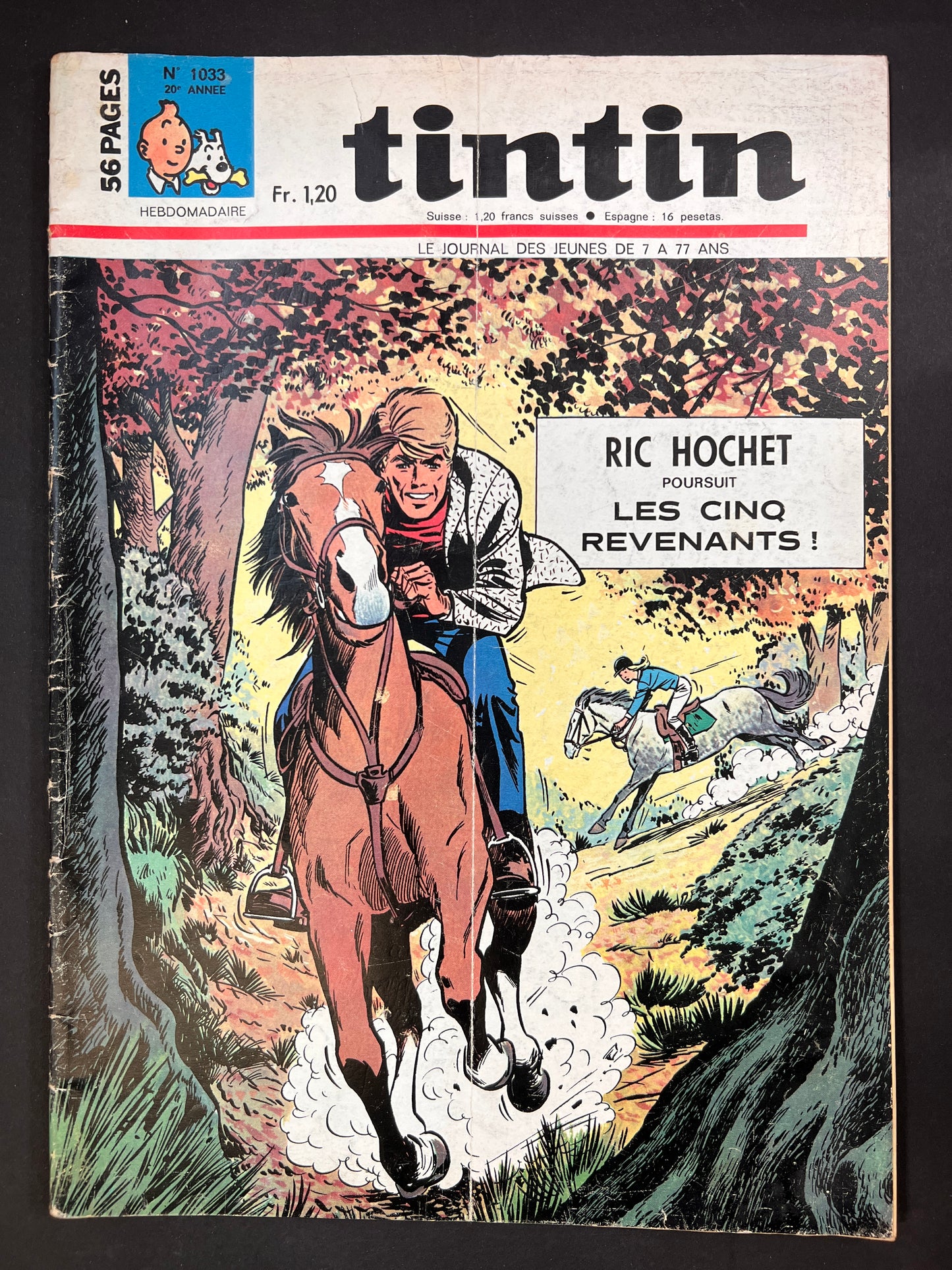 Tintin magazine cover 1968, featuring Ric Hochet comic adventure with horseback riders in forest, iconic Tintin logo and character