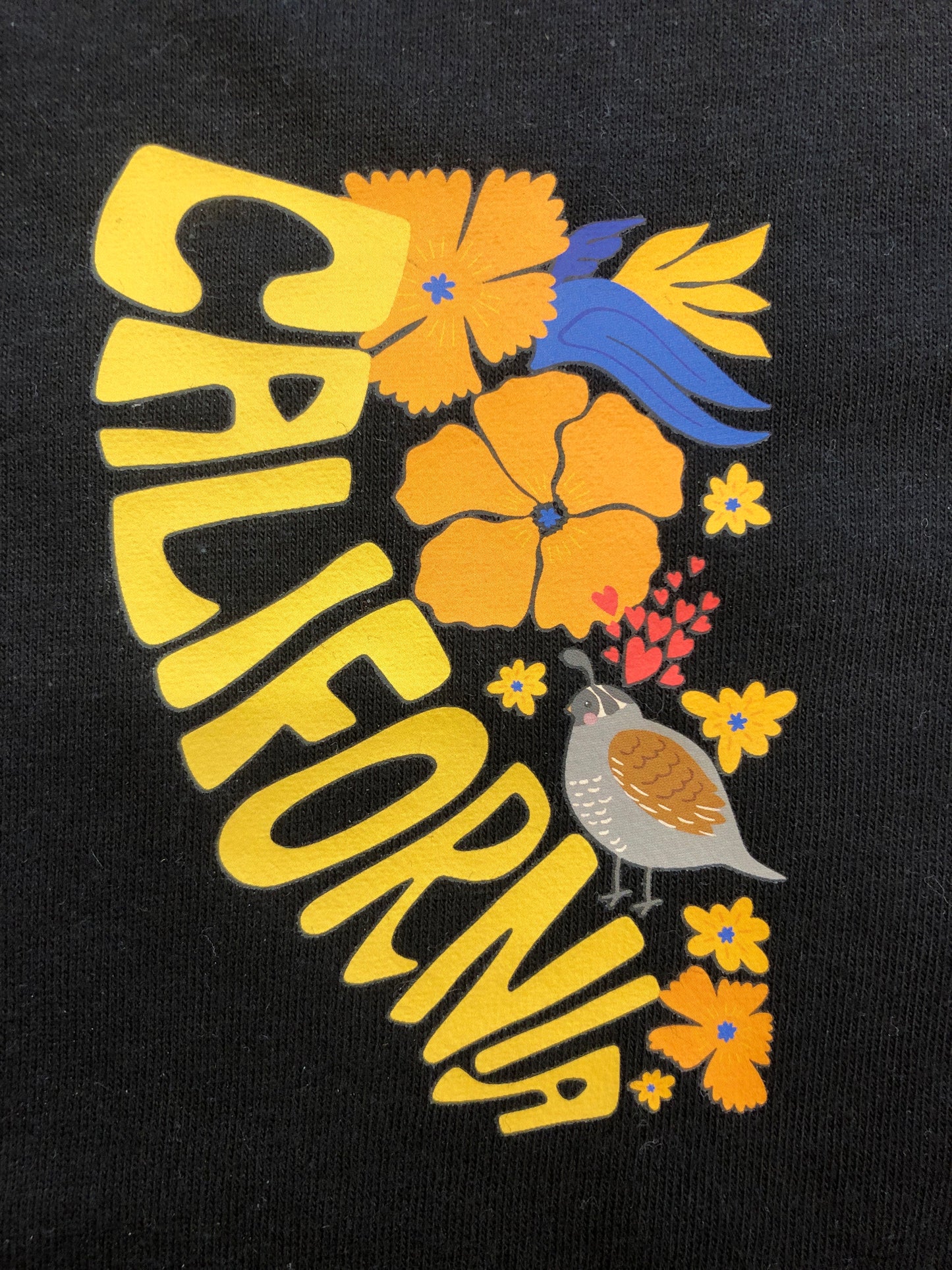 California baby romper with state shape, golden poppy flowers, quail, and vibrant yellow text on black cotton fabric