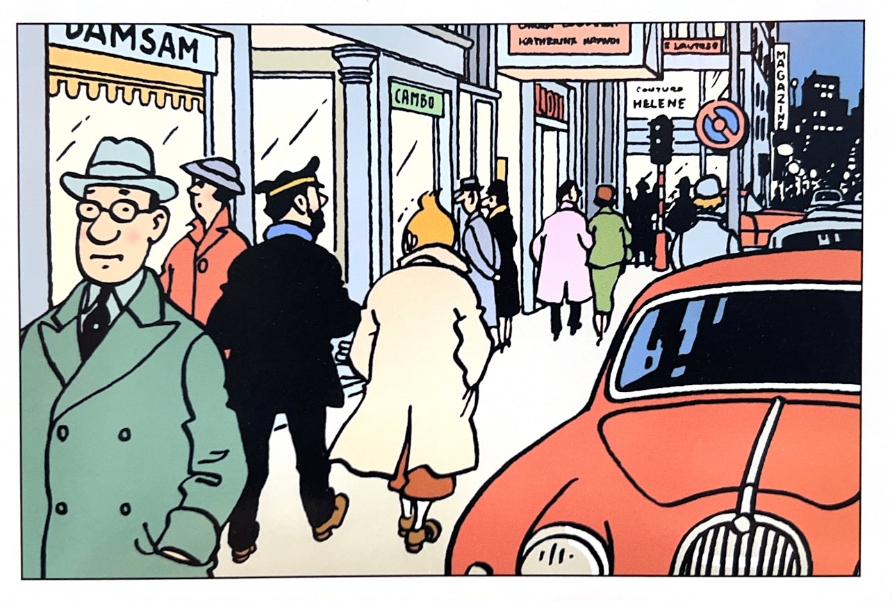 Tintin postcard: Bustling city street scene with characters walking, storefronts, and vintage red Jaguar MKII in foreground