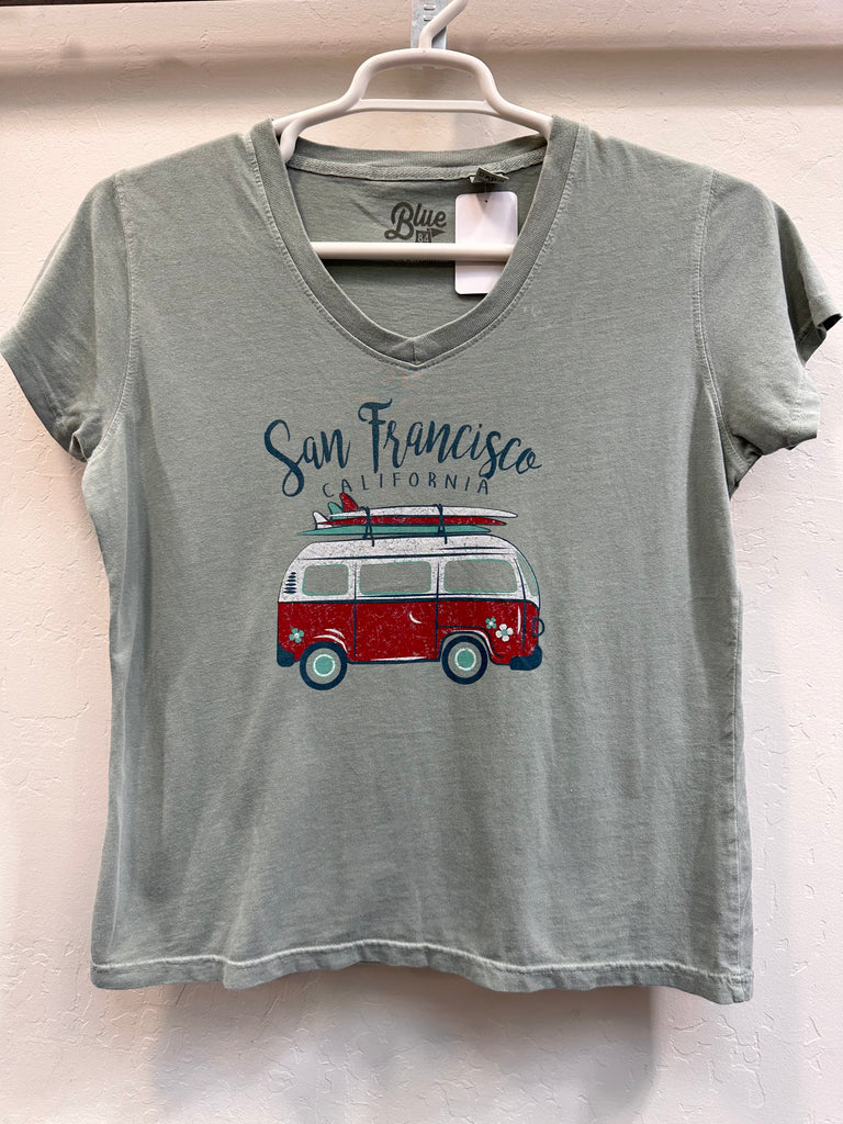 Classic California van with surf boards and groovy flowers and San Francisco name drop.  Women's sizes small through extra large. 100% cotton garment dyed t will only become softer with repeated washing. Best ever. 