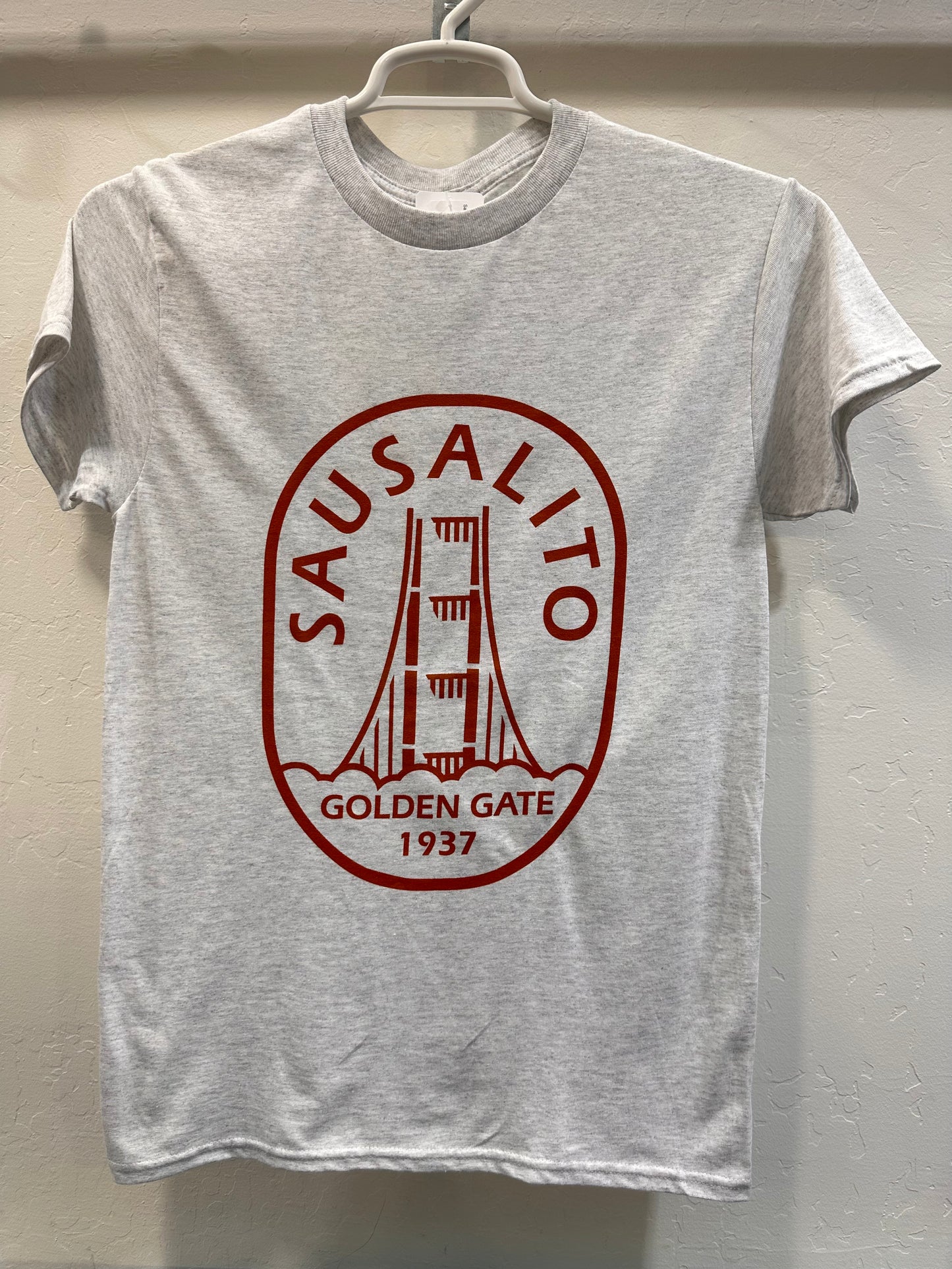Sausalito retro t-shirt featuring Golden Gate Bridge logo in red, commemorating 1937 completion, on light gray cotton blend