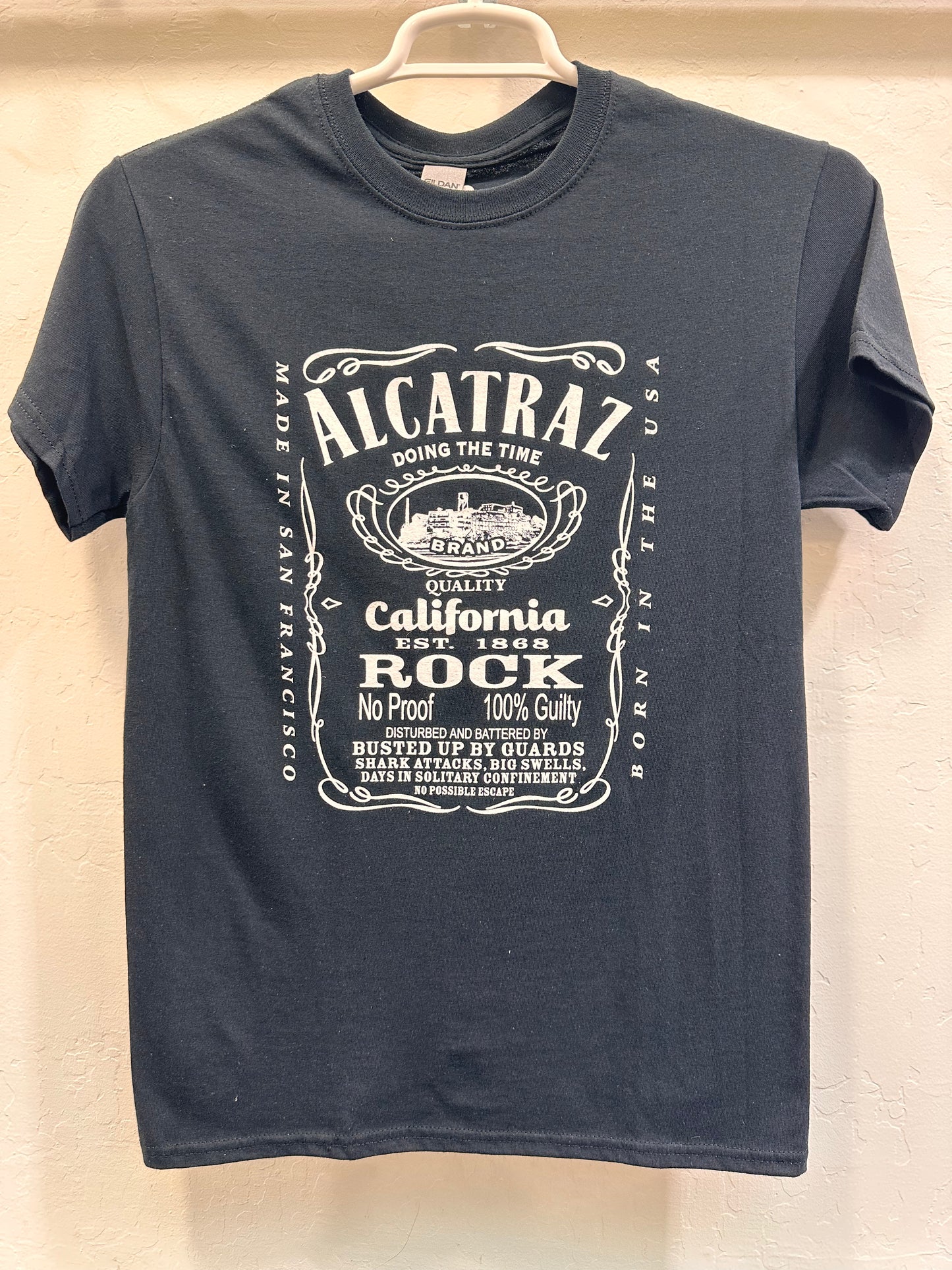 Alcatraz t-shirt with vintage-style typography design detailing prison life, featuring "Doing The Time" and California themes