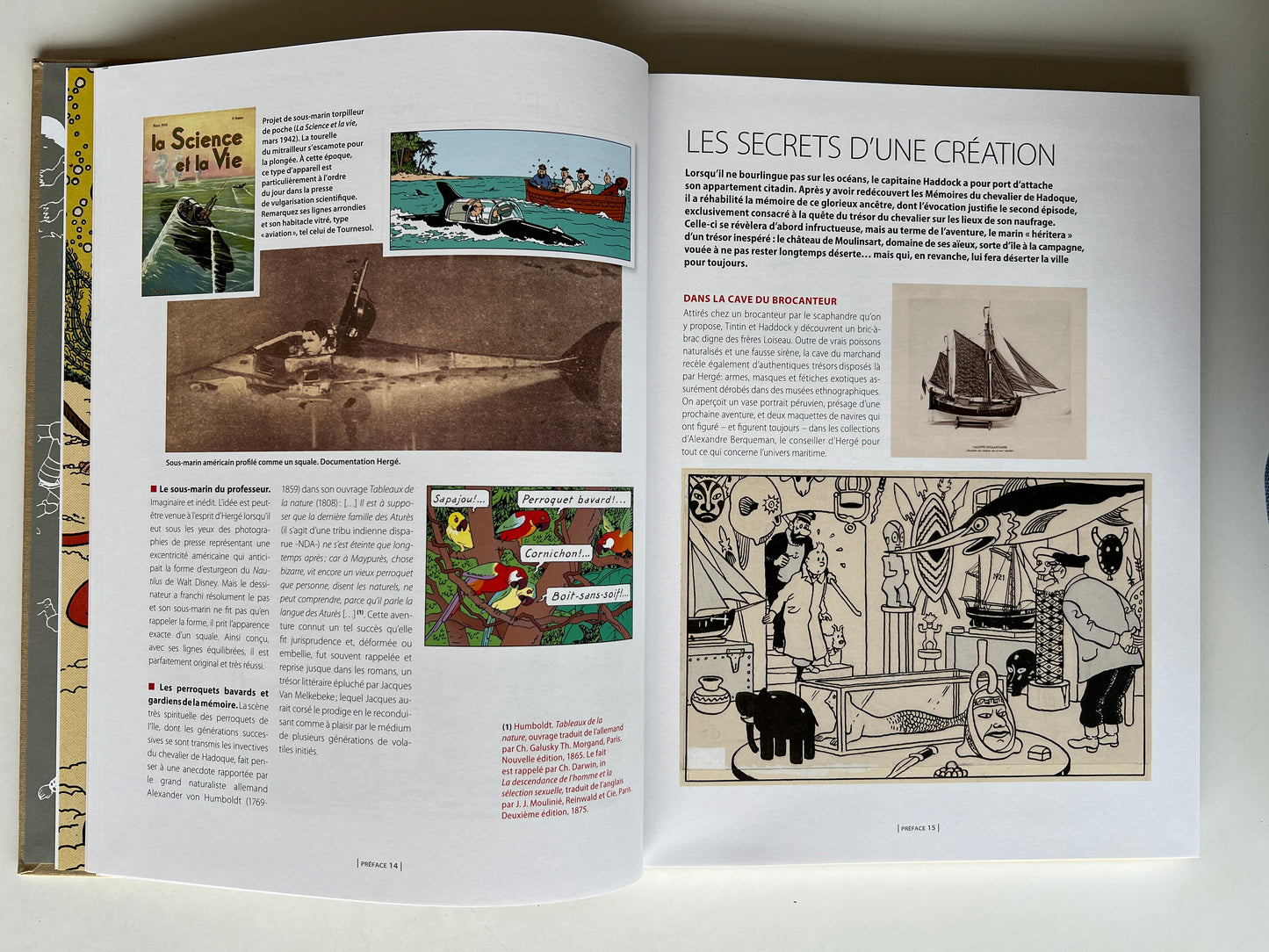 Open book showing pages from Les Archives Tintin, featuring illustrations and text about Hergé's creative process for Le Trésor de Rackham Le Rouge