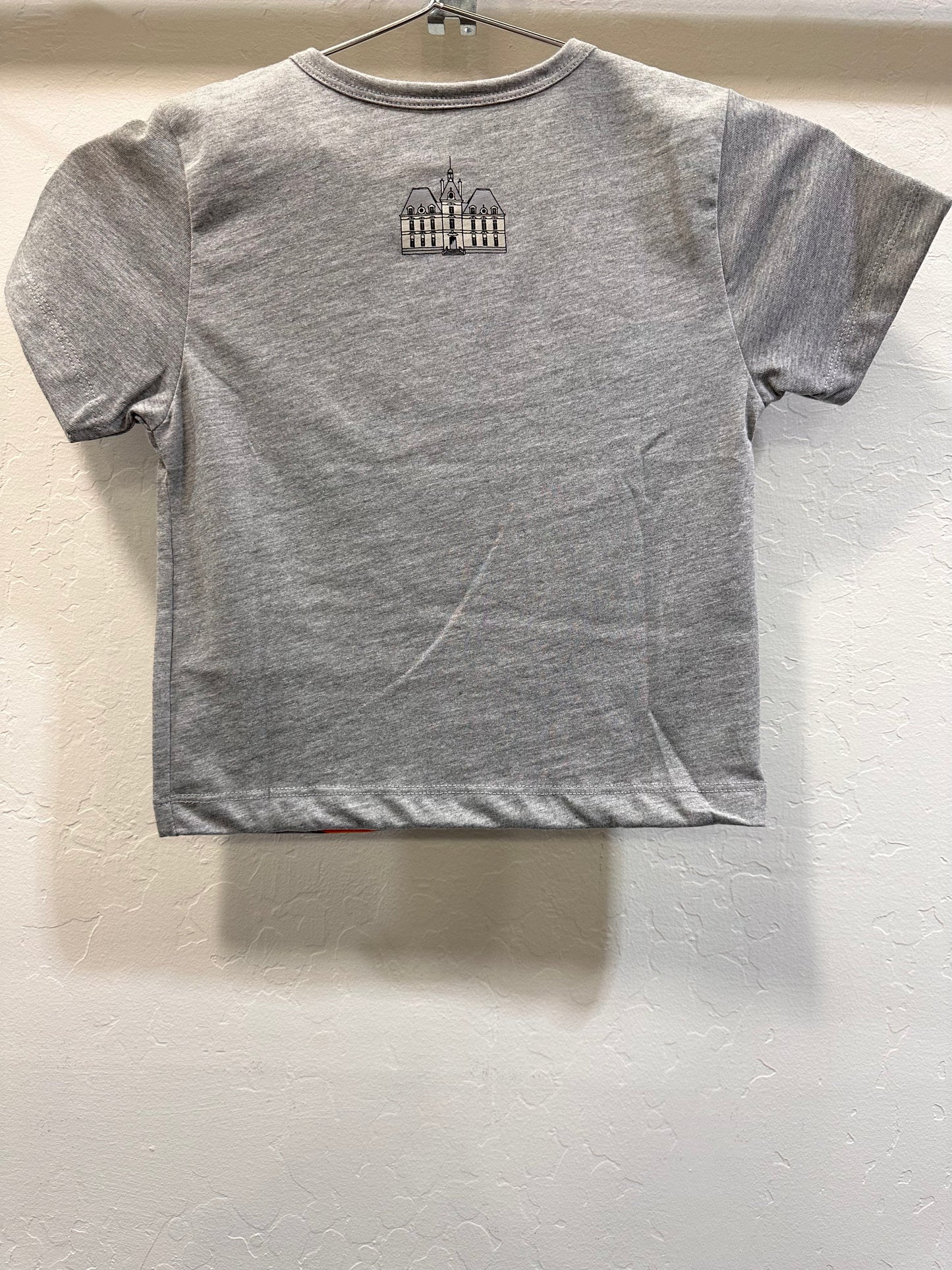 Gray kid's Tintin t-shirt with Moulinsart Castle printed on back, hanging on white wall
