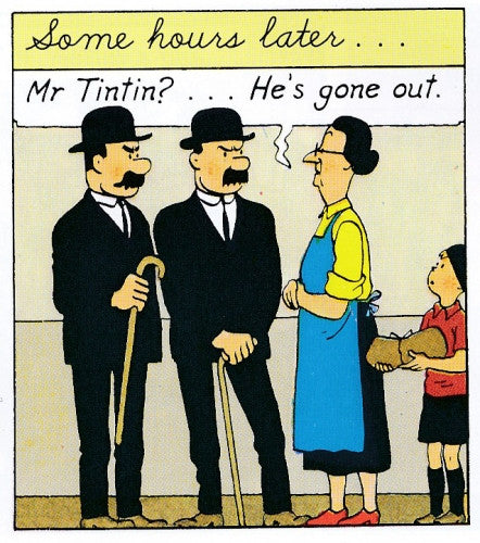 Tintin comic panel: Two men in suits and bowler hats speak with woman in apron and child, text reads "Some hours later..."