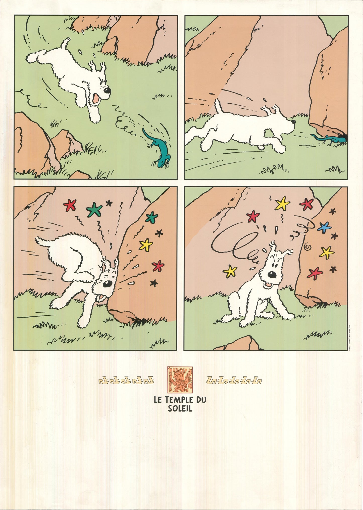 Tintin's dog Snowy chases lizard in four-panel comic from Le Temple Du Soleil poster, ending with dizziness and stars