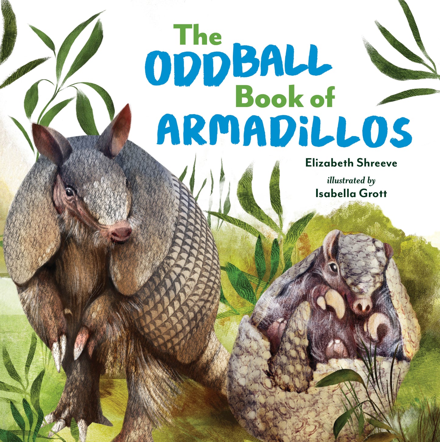 Book cover of "The Oddball Book of Armadillos" featuring illustrated armadillos in a lush green environment