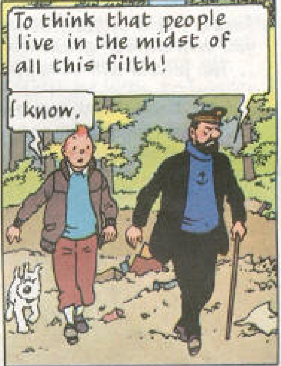 A classic comic book panel from the opening page of Hergé's The Castafiore Emerald, showing Tintin in his brown aviator jacket and blue sweater walking side-by-side with Captain Haddock through a lush green woodland estate.