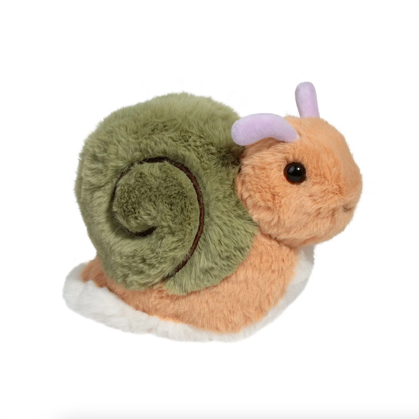 Cute Douglas Shelby snail plush toy with tan body, olive green shell, lavender antennae, and friendly smile