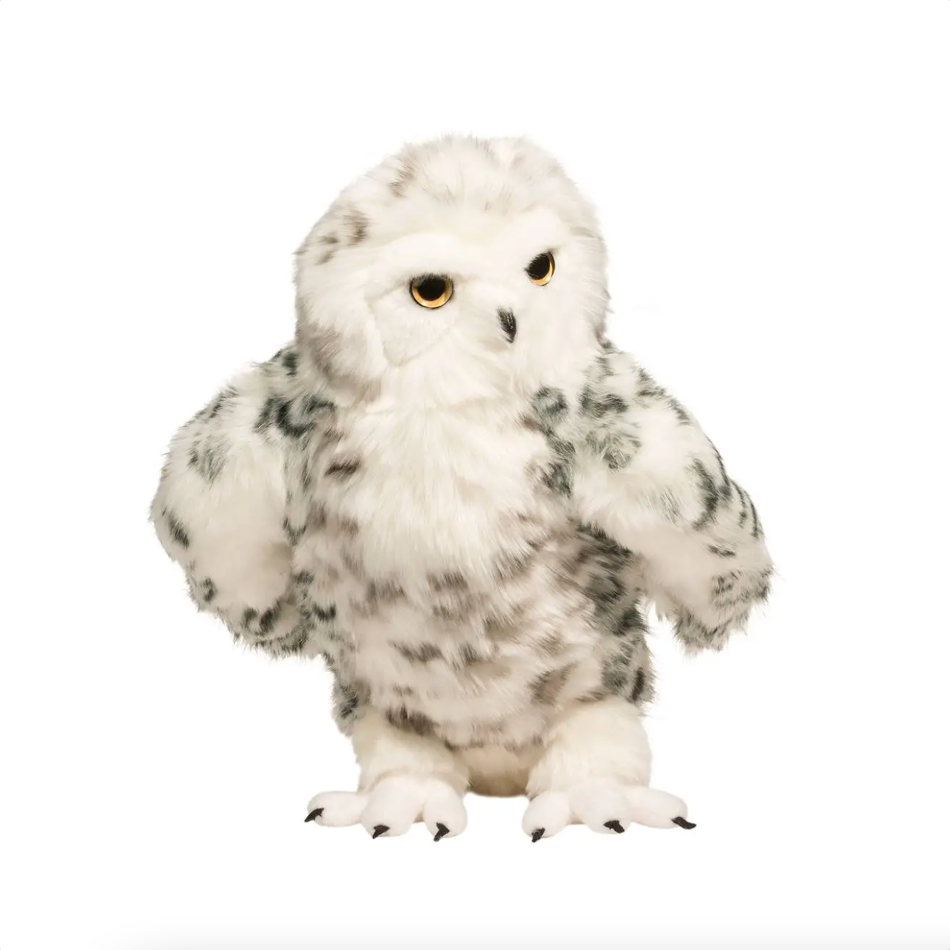Realistic 14-inch plush snowy owl with white fur, grey mottling, golden eyes, and poseable head for lifelike appearance