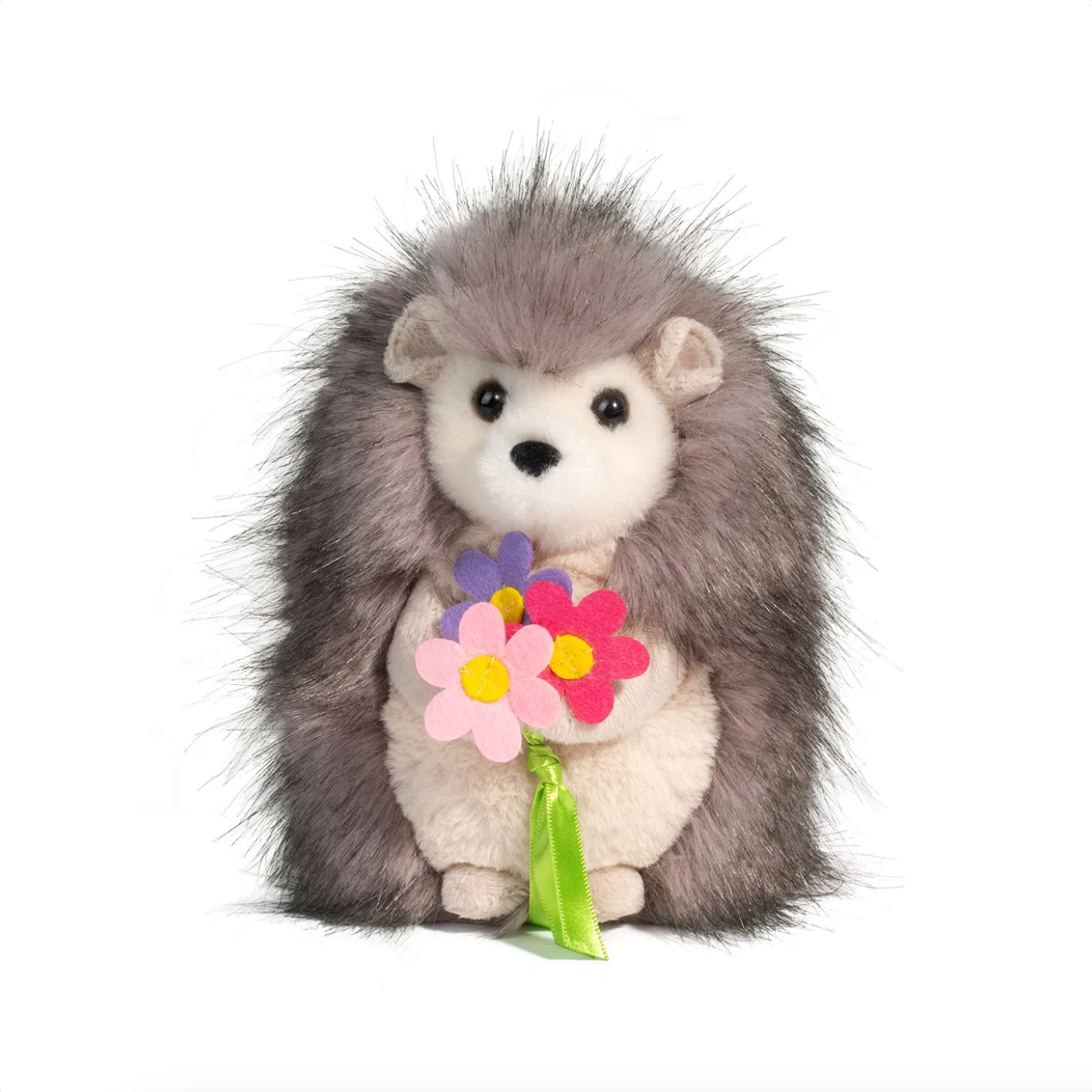 Plush hedgehog Sally holding colorful felt flowers, soft cuddly toy with bright eyes and fluffy spikes