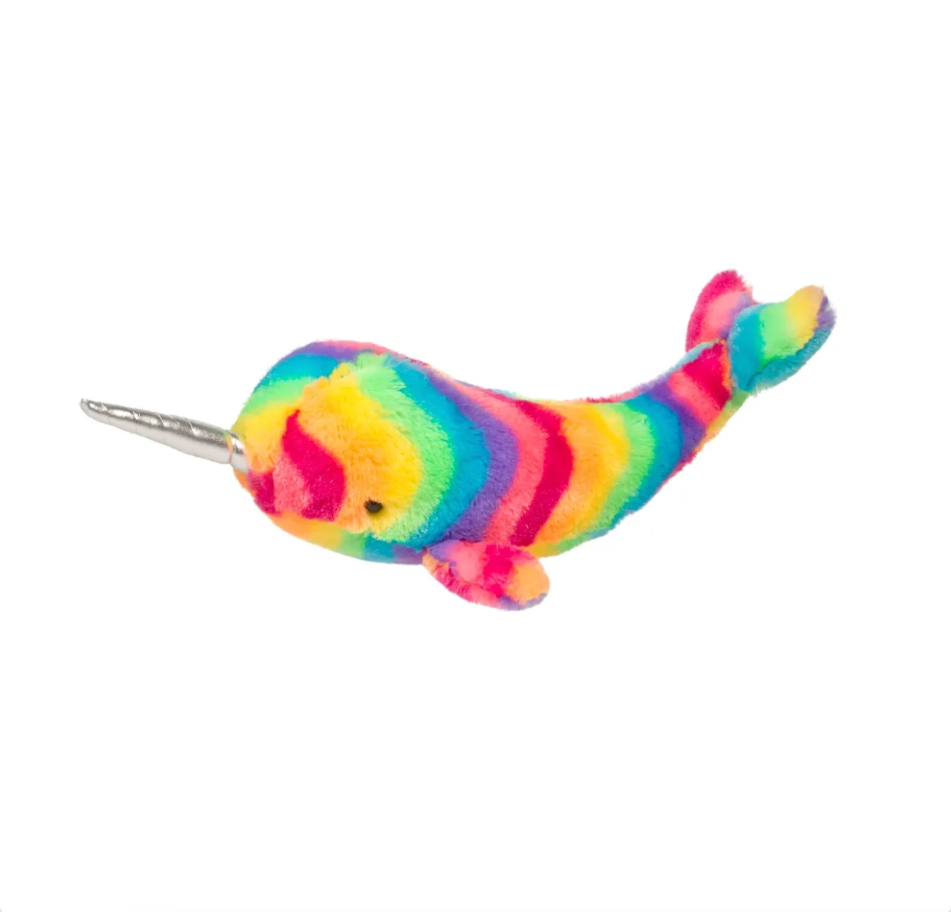 Colorful rainbow narwhal plush toy with spiral tusk, soft fur in vibrant stripes, and friendly expression