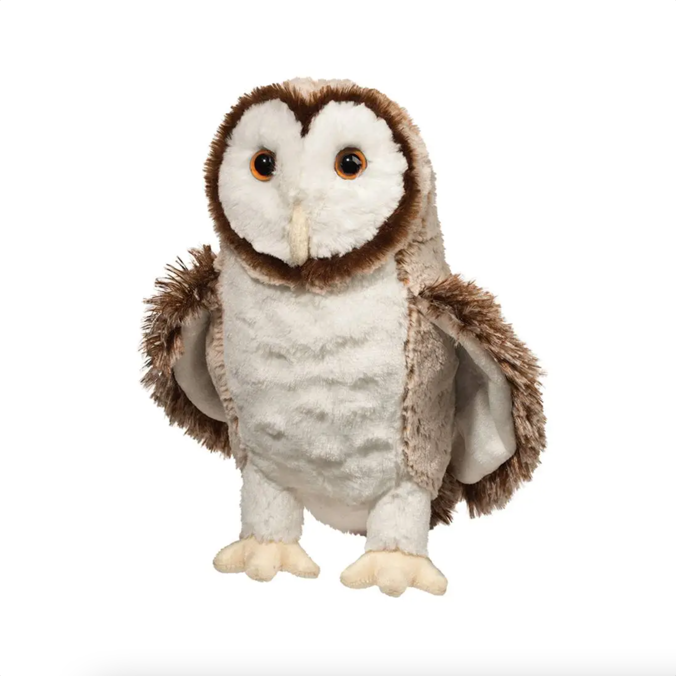 Realistic barn owl plush toy with heart-shaped face, amber eyes, and soft brown and cream fur details