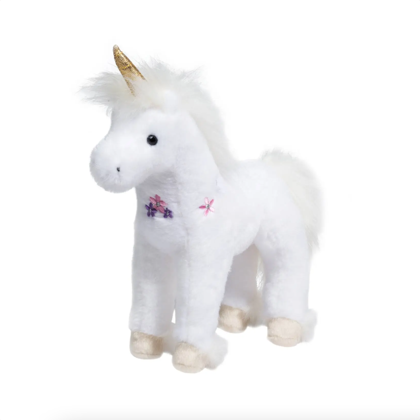 White unicorn plush toy with gold horn, embroidered flowers, and cream hooves, standing upright for display or play