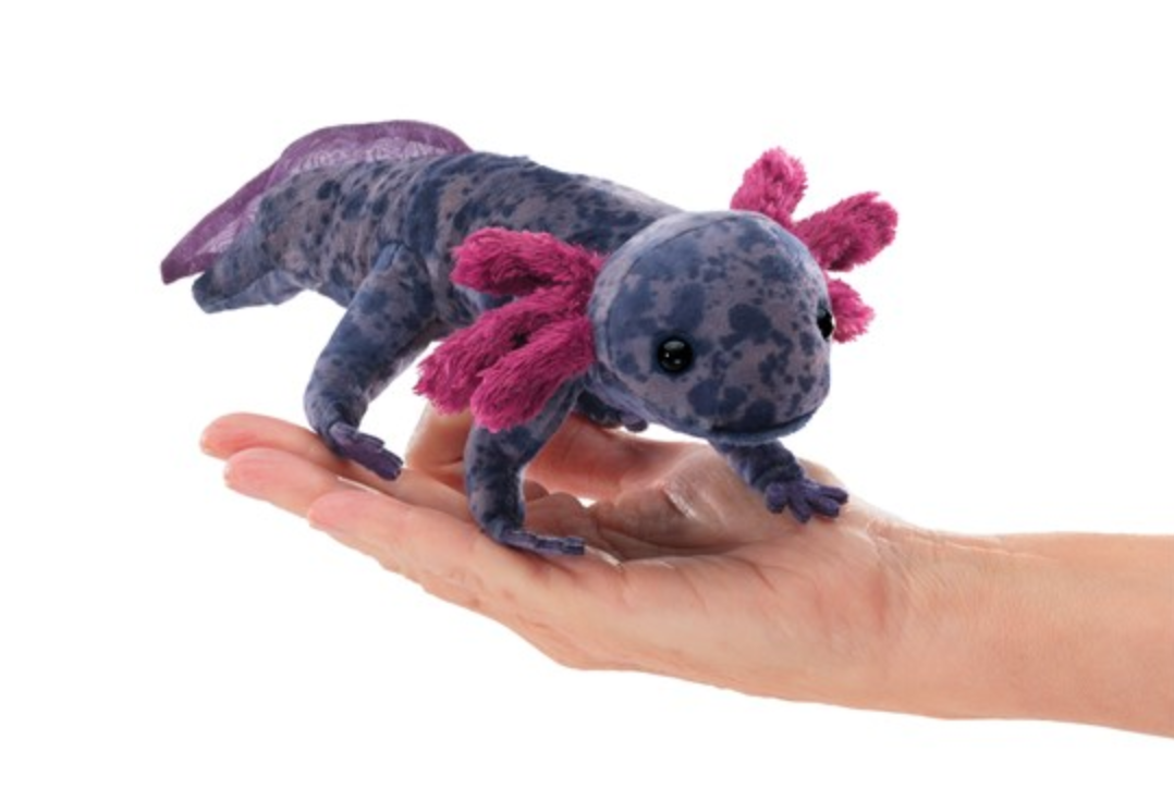 Folkmanis Black Axolotl puppet with purple and fuchsia accents, held in a hand to show its 8.5-inch size and movable features