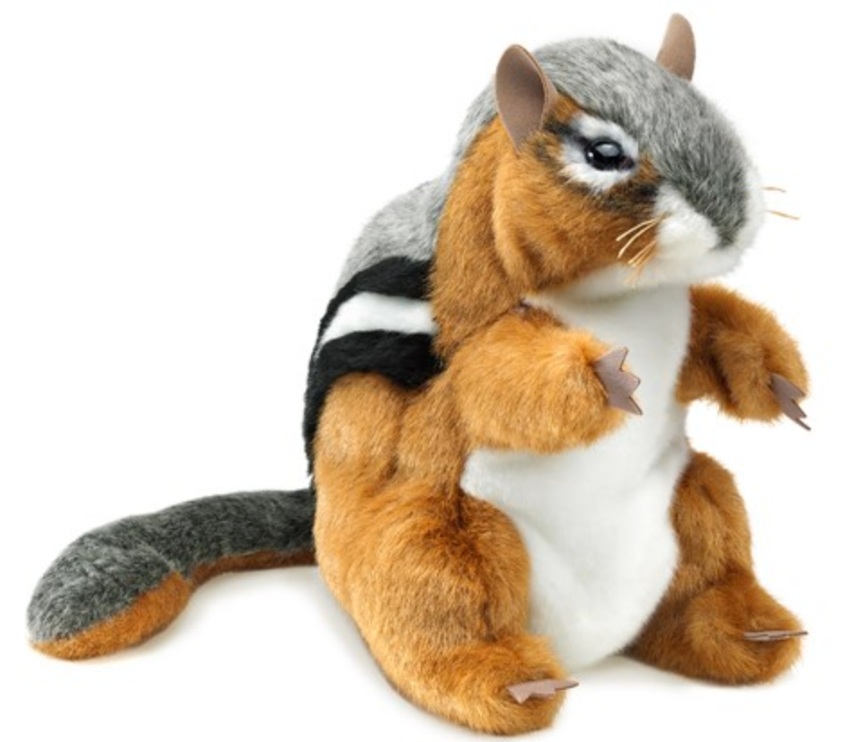 Folkmanis Chipmunk Puppet with realistic fur, striped back, and movable limbs, sitting upright against white background