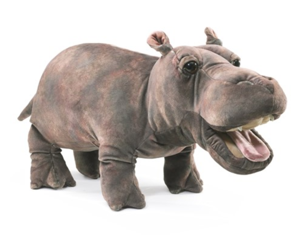 Folkmanis Baby Hippo puppet with realistic gray skin, open mouth, and lifelike details, standing on four legs