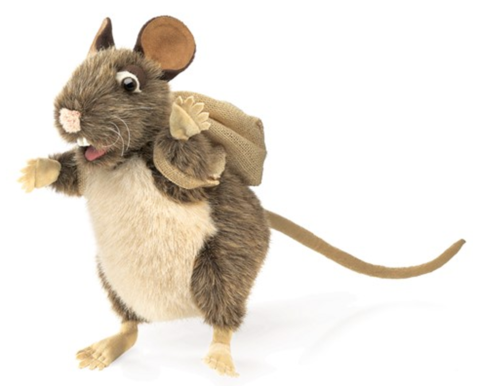 Folkmanis Pack Rat puppet with soft fur, expressive eyes, and detachable burlap sack, standing upright on hind legs