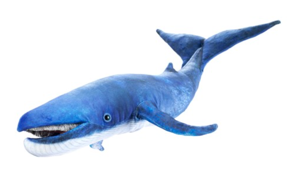 Lifelike Folkmanis blue whale puppet with detailed skin, movable mouth, and metallic baleen, 27 inches long