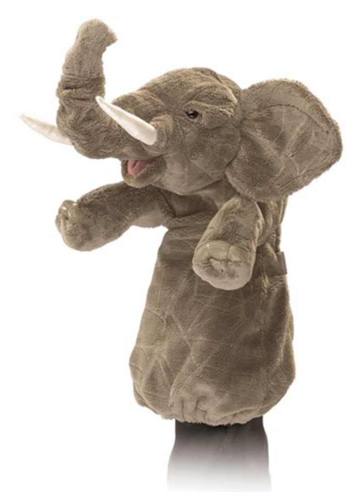 Folkmanis elephant stage puppet with movable trunk and unique fabric, 12 inches tall, perfect for interactive play