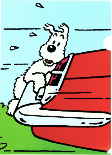 Cartoon white dog peeking out of red car trunk on A4 Japanese file folder, vibrant printing