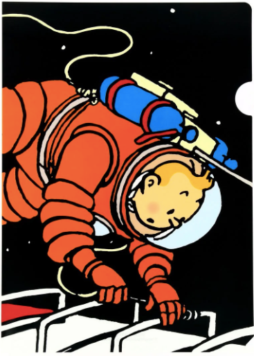 Tintin in spacesuit on moon surface, vivid comic-style illustration on A4 plastic folder