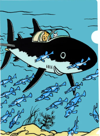 Tintin and Snowy in shark-shaped submarine underwater, surrounded by blue fish on plastic folder cover