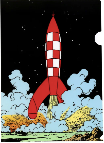 Japanese rocket A4 file folder with vibrant illustration of red and white spacecraft landing amid clouds and starry sky