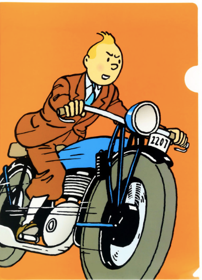 Tintin riding motorcycle on vibrant orange A4 file folder cover, Japanese-made with high-quality printing