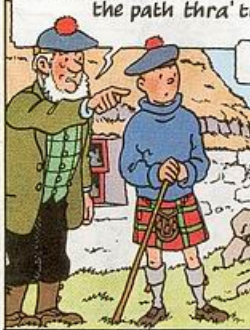 Tintin in Scottish kilt and blue sweater with elderly man in traditional highland dress, from Black Island adventure